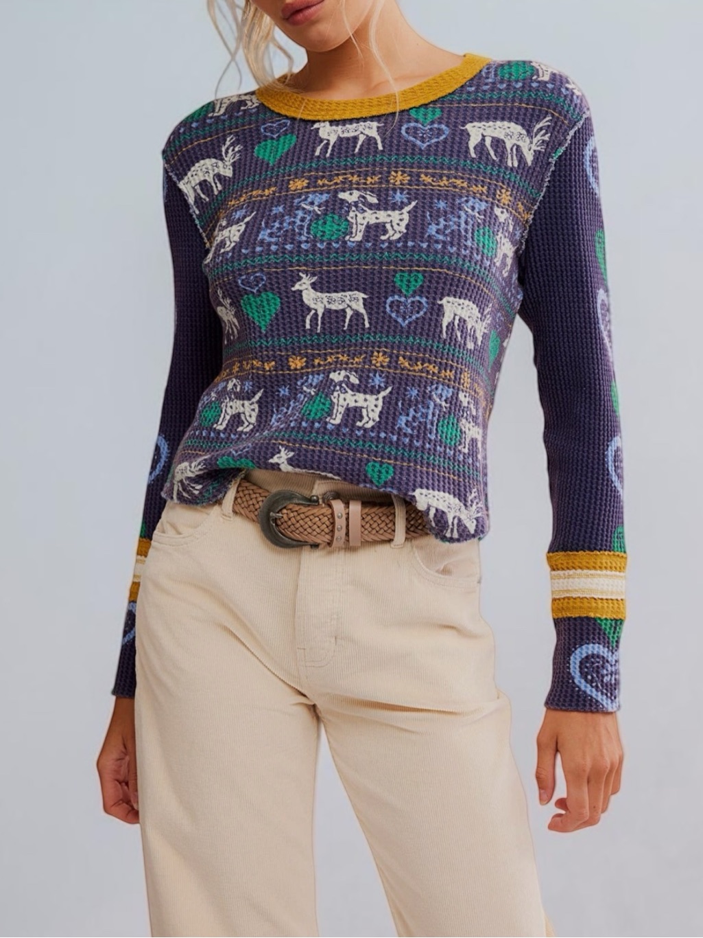 Free People Blissful Layering Long Sleeve T-Shirt In Navy Combo (M)